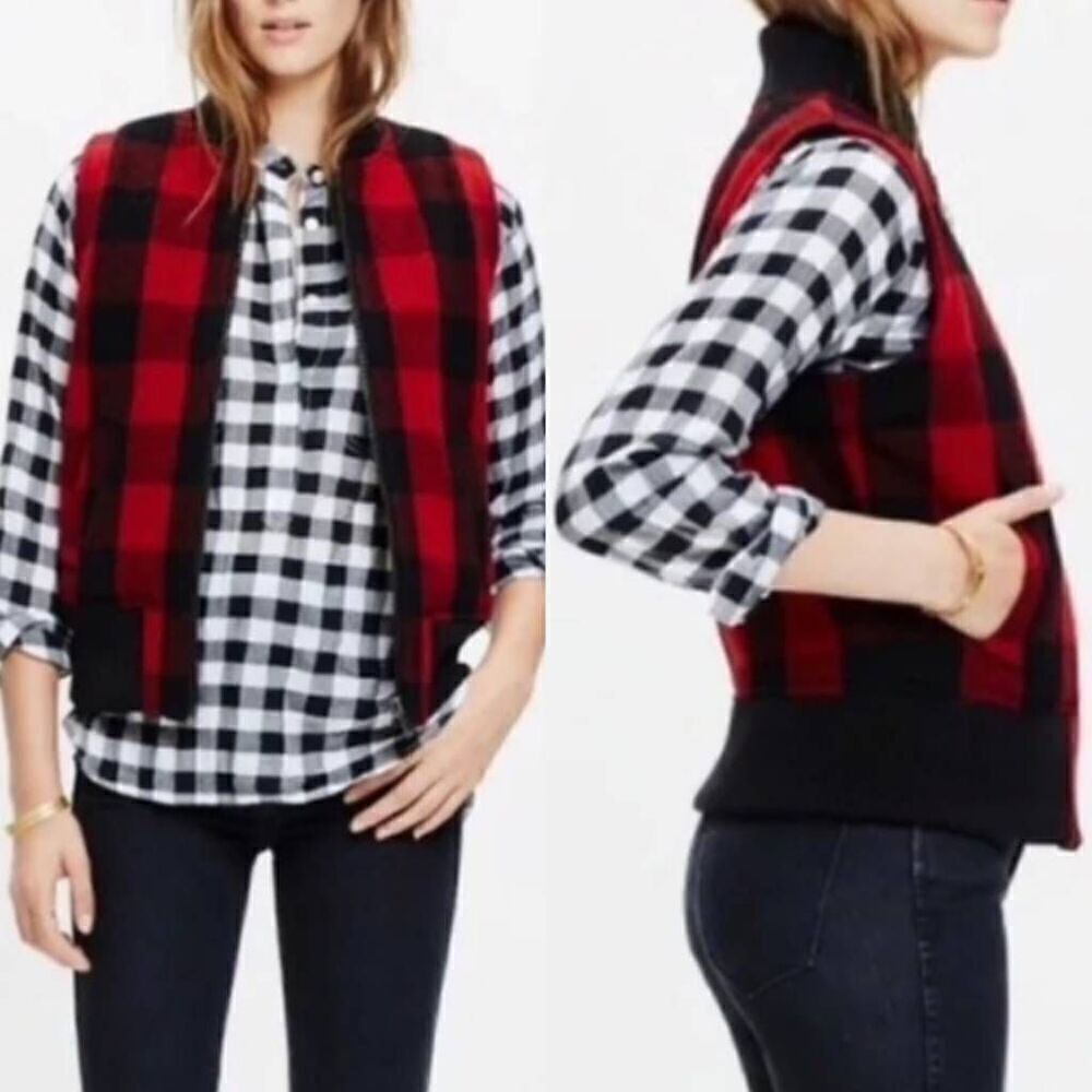 NEW Madewell Wool Buffalo Check Sherpa Fleece Lined Vest Full Zip Knit Collar S
